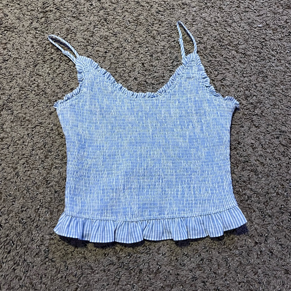 Blue Striped Ruffle Hem Tank Top